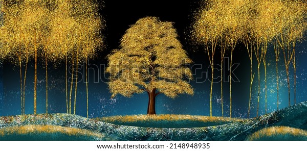 3d modern canvas art mural wallpaper landscape moon, golden christmas trees, colorful mountains 
