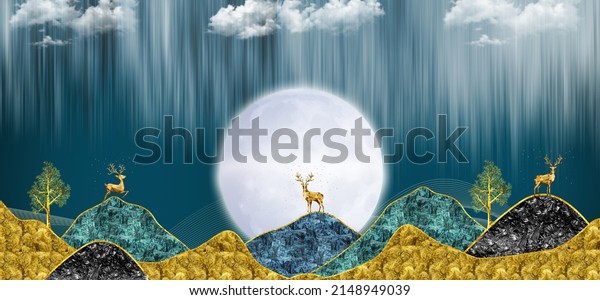 3d modern canvas art mural wallpaper landscape moon, golden christmas trees, colorful mountains 