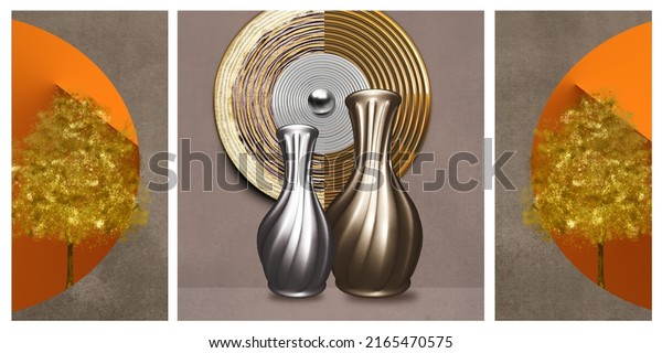 3d modern canvas art wallpaper. golden and silver vase, circles, and golden trees.