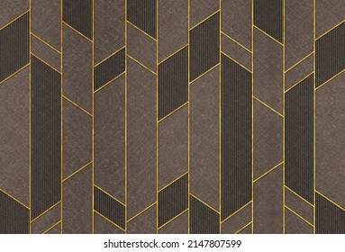 3d Modern Geometric Mural Wallpaper. Golden Lines In Dark Background. For Interior Wall Home Decor