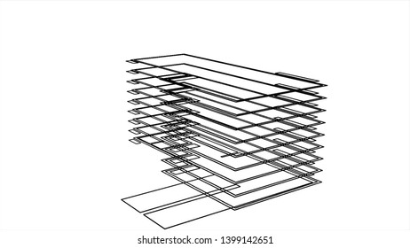 3D Modern House Model In The Early Stage Of A Project, Constructing And Designing Concept. Animation. Schematic View Of A Building On White Background.