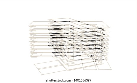 3D Modern House Model In The Early Stage Of A Project, Constructing And Designing Concept. Animation. Schematic View Of A Building On White Background.