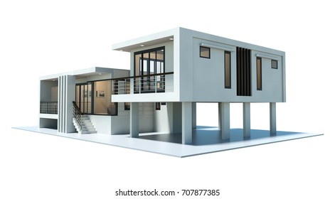 3d Modern House Rendering Isolated On White Background