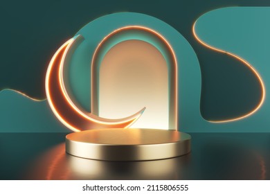 3d Modern Islamic Holiday Elegant Design. Display Podium With Ramadan Moon, Metal Stage And Mosque Portal. 3d Rendering