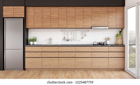 3D Modern Kitchen Cooking Rendering Wood Floor