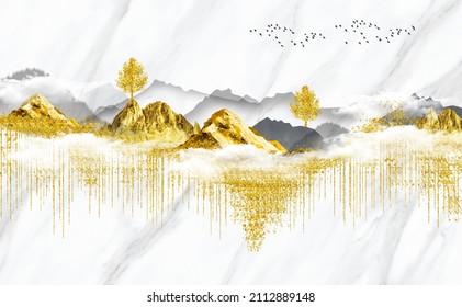 3d modern Landscape art mural wallpaper with Christmas tree, golden lines, and mountain and birds in white marble background. 
