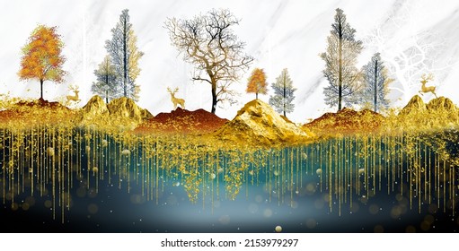 3d Modern Landscape Art Mural Wallpaper With Christmas Tree, Golden Lines, And Mountain, White Marble Background.	
