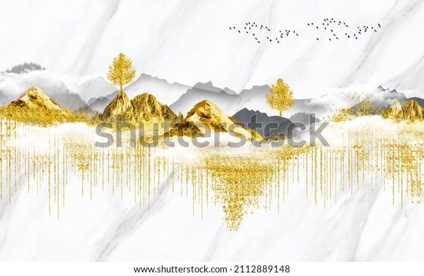 modern Landscape art mural wallpaper with Christmas tree, golden lines, and mountain and birds in white marble background. 