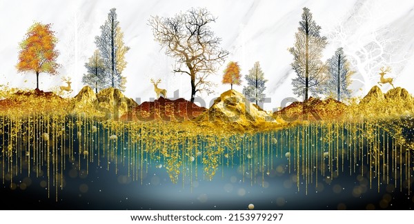 3d modern Landscape art mural wallpaper with Christmas tree, golden lines, and mountain, white marble background.	
