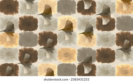 3d modern pattern wallpaper. yellow, brown and paint beige shapes. Ginkgo biloba golden leaf background. mural bedroom wall art and carpet design