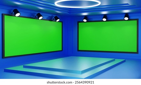 3d Modern Virtual Studio Setup with Green Screen and Spotlights for Video Editing, Broadcasting, and Professional Content Creation in 2025