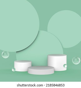 3d Mokup Background Floating Water Drops With Multiple White Stages In A Light Green Background
