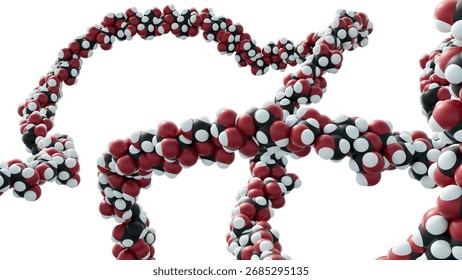 3D molecular visualization depicts cellulose, a polysaccharide composed of repeating β-D-glucose units linked by β(1→4) glycosidic bonds