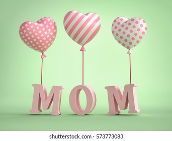 3D Mom Text with balloons in shape of heart on green background . 3D rendering - Powered by Shutterstock