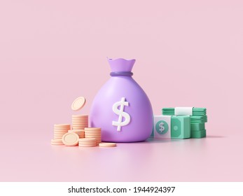 3D Money concept. money bag, coins stack and banknotes. 3d render illustration