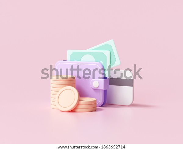 3D\
Money Saving icon concept. Wallet, bill, coins stack, and credit\
card on pink background, 3d rendering\
illustration