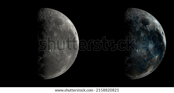 3D Moon Phase: Third Quarter Moon with Normal Color\
and Minerals Color