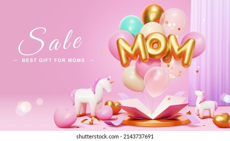 3d Mother's Day sale promo template. Colorful MOM balloon phrase surprise box display on stage, decorated with cute unicorn toys and curtain. - Powered by Shutterstock