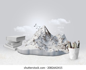 3d Mountain With 3d Book And 3d Pen Holder Represent  International Mountain Day.