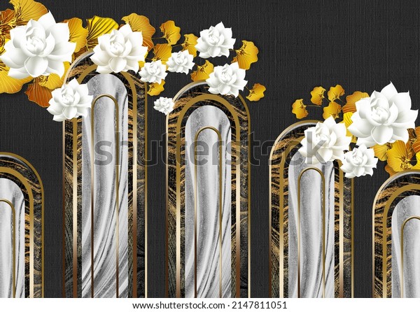 3d mural floral wallpaper. golden ginko biloba leaves and white flowers, golden arch in black background
