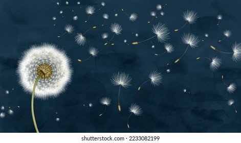 3d mural interior wallpaper  White painting dandelion   blue watercolor Wall art for boys room decor Floral trendy background and flower dandelion in vintage style for digital printing Botanic