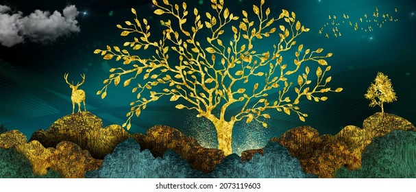 3d mural Landscape wallpaper golden trees and deer with hills, mountains style on vintage watercolor flat dark background	
