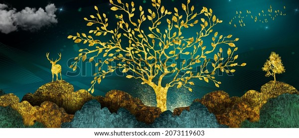 3d mural Landscape wallpaper golden trees and deer with hills, mountains style on vintage watercolor flat dark background 