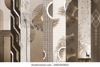 3d mural set of collection multi-design wallpapers. pattern and geometric and lines shapes. leaves, ginkgo deer and dandelion on brown background. interior wall home classic wallpaper decoration