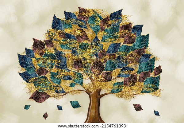 3d mural wallpaper. colorful tree with turquoise, blue and brown leaves in the drawing background. drawing golden objects.