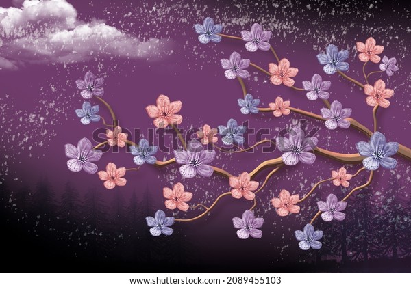 3d mural wallpaper dark purple snowy background. branches flowers floral background with and clouds
