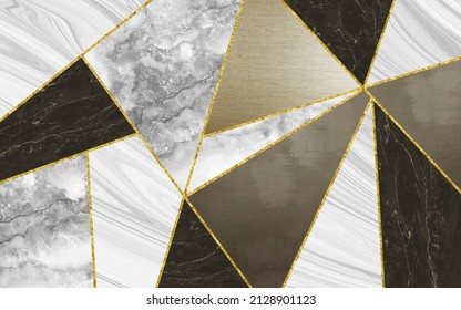 3d Mural Wallpaper Geometric Shapes. Goden, Black And Gray Shapes. For Modern Home Wall Decor