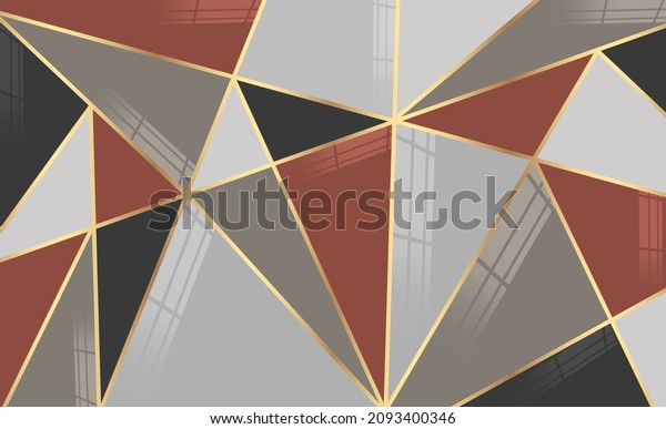 3d mural wallpaper geometric shapes. golden, black, red and grey shapes. for modern home wall décor 