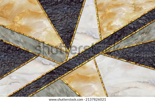 3d mural wallpaper geometric shapes. goden, yellow, black and gray shapes. Modern home wall decor 