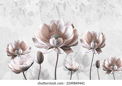 3d mural wallpaper and simple floral painting light gray background  drawing modern flowers for bedroom decor	
