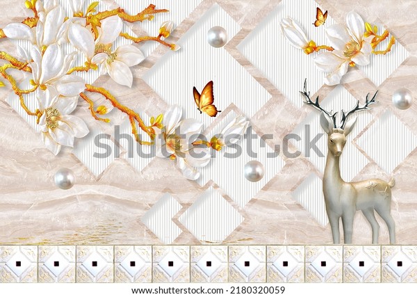 3D murals flower wallpaper and butterfly deer with 3d background