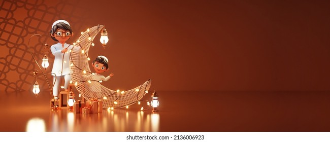 3D Muslim Man And Boy Decorated Crescent Moon With Lighting Garland, Lit Lanterns, Gift Boxes And Copy Space On Brown Background For Islamic Festival Concept.