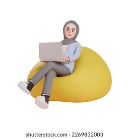 3d muslim woman using laptop on beanbag. 3d illustration - Powered by Shutterstock