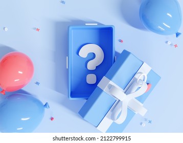 3D Mystery Box with question mark inside. Surprise Gift box. Gender Reveal party concept. Horizontal banner with realistic pink and blue balloons. 3D Rendering - Powered by Shutterstock