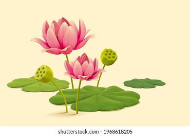 3d Natural Plant Elements Of Beautiful Pink Lotus Flowers And Green Leaves. Concept Of Summer, Zen And Serenity.