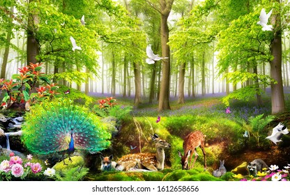 3D Nature Forest And 
Animals  Wallpaper