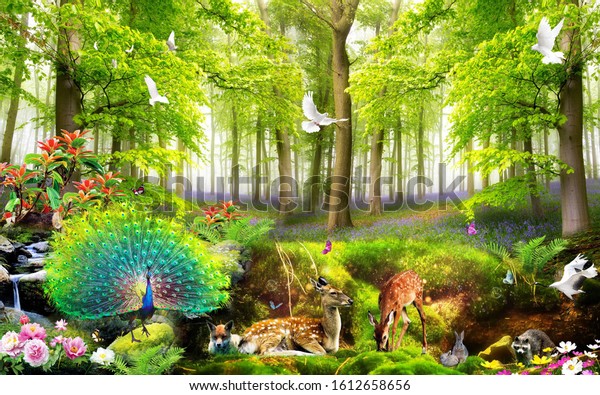 3D nature forest and animals wallpaper