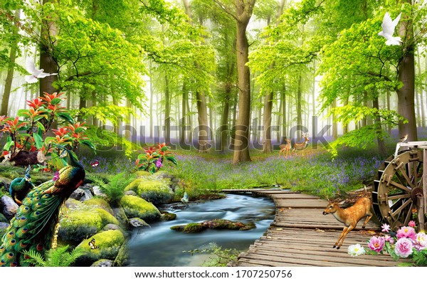 3D nature forest and animals wallpaper