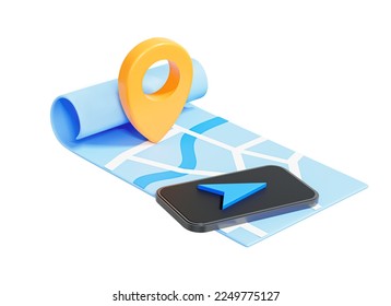 3D Navigation map with mobile phone and location pin. GPS on smartphone. Position point. Tracking app. Route marked. Cartoon creative design icon isolated on white background. 3D Rendering