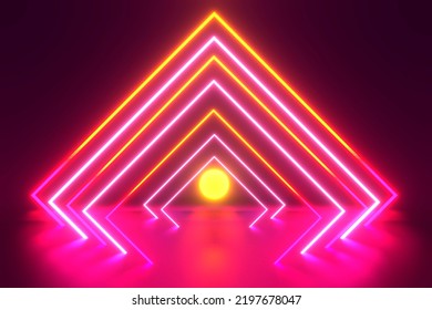 3d Neon Square Tunnel With Moon. Endless Optical Illusion Portal. Glowing Lines Virtual Reality Corridor. Science Futuristic Background Illustration. Abstract Laser Show Light Effect. Arch Frame