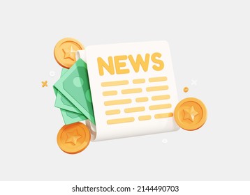 3D Newspaper With Green Paper Money And Gold Coin. Financial News. Newspaper With World Economy. Cryptocurrency Investment And Trading Magazine. Cartoon Creative Icon Isolated On White. 3D Rendering