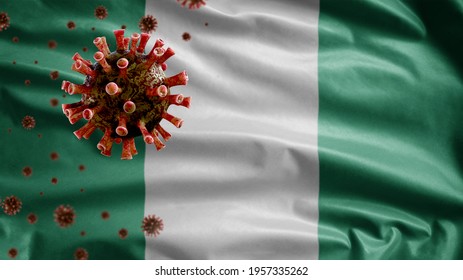 3D, Nigerian flag waving and Coronavirus 2019 nCov concept. Asian outbreak in Nigeria, coronaviruses influenza as dangerous flu strain cases as a pandemic. Microscope virus Covid19 close up.