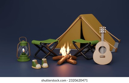 3d Night and dark Campsite in nature and elements for camping,camp fire, trip, hiking. Concept. 3d rendering illustration.. - Powered by Shutterstock