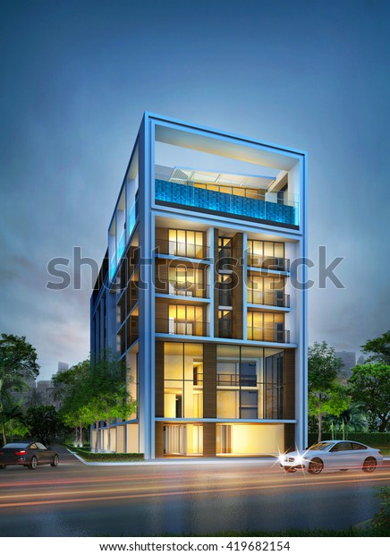 3D night perspective\
image of building. Image of architectural construction schematic\
design idea.