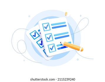 3D Notes with Check mark. Completed task list or checklist.  Paper document or report with pencil. Realistic elements iIsolated on white background illustration. 3D Rendering
