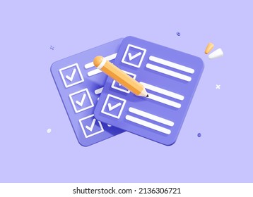 3D Notes with Check mark. Completed task list or checklist.  Paper document or report with pencil. Business time concept. Task management. Cartoon icon isolated on purple background. 3D Rendering